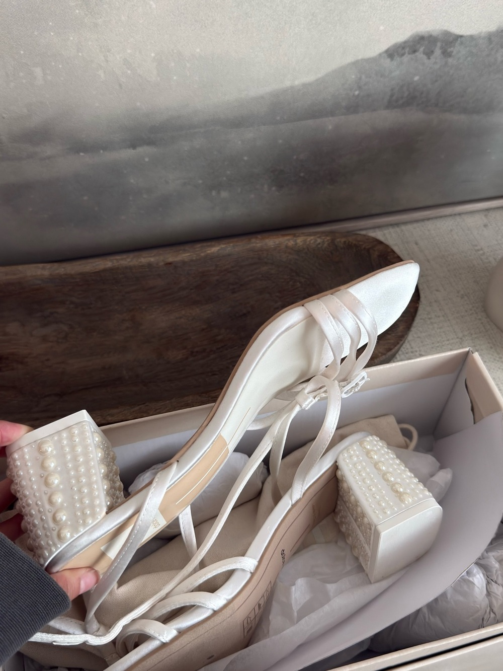 Dolce Vita White Pearl-Embellished Block Heel Lace-Up Sandals